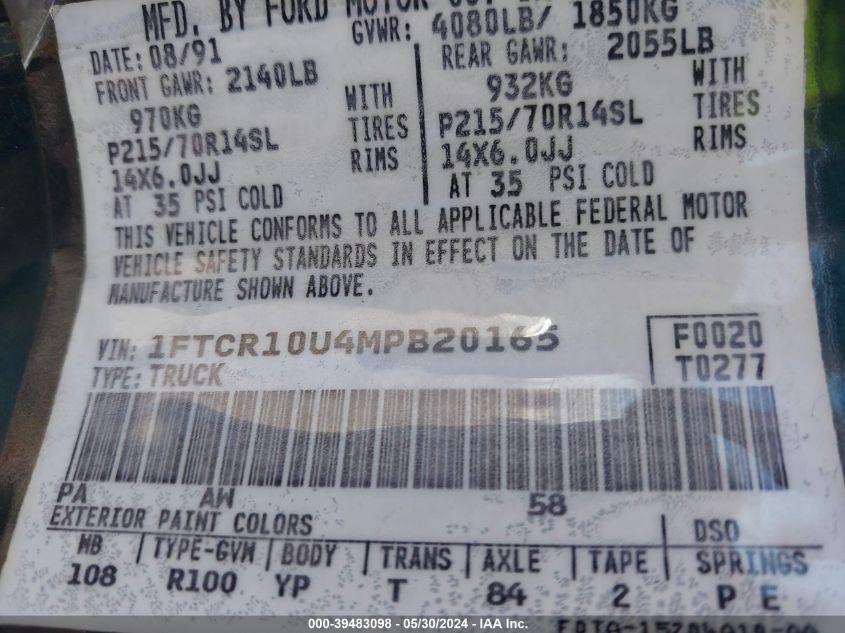 1991 Ford Ranger VIN: 1FTCR10U4MPB20165 Lot: 39483098