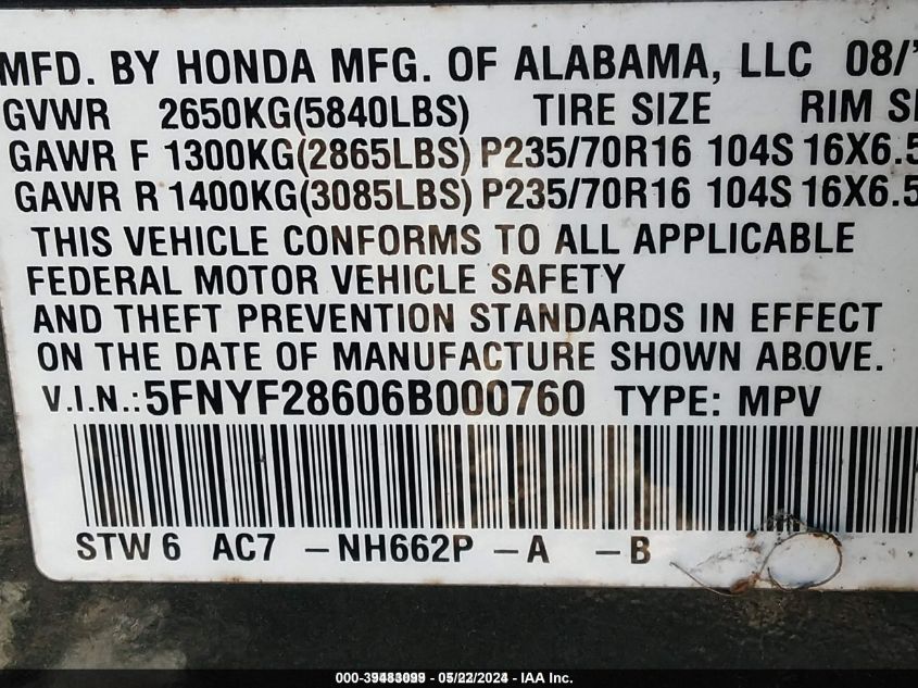 5FNYF28606B000760 2006 Honda Pilot Ex-L