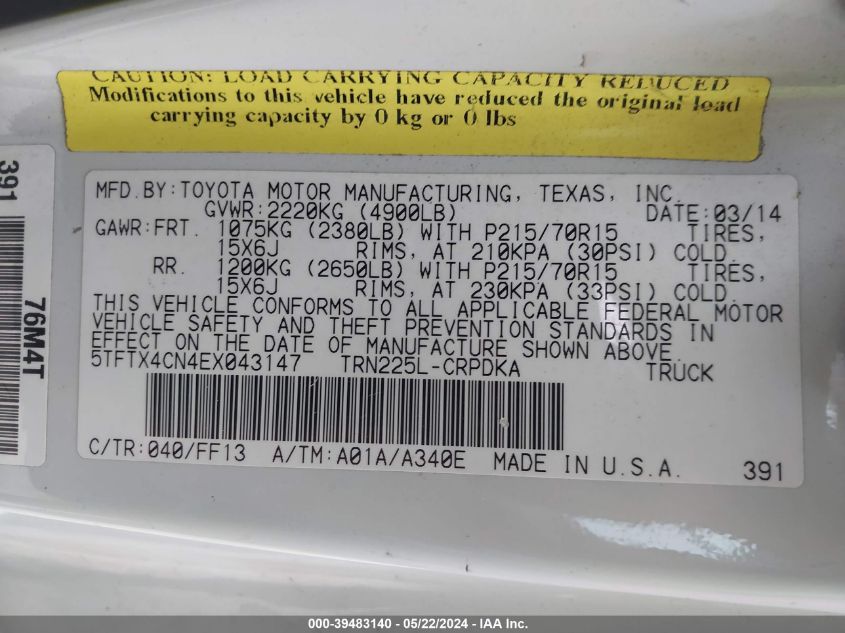 2014 Toyota Tacoma VIN: 5TFTX4CN4EX043147 Lot: 39483140
