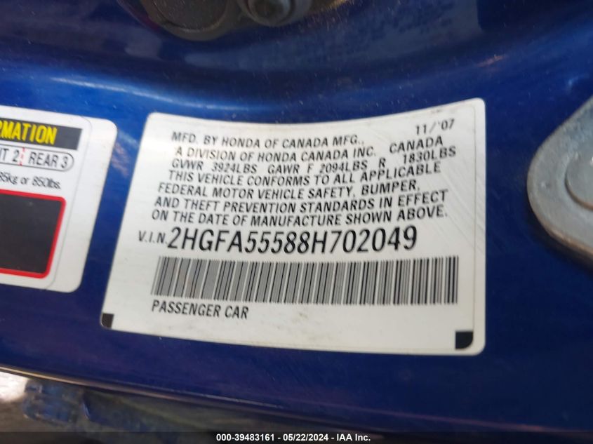 2008 Honda Civic Si/Si Mugen VIN: 2HGFA55588H702049 Lot: 39483161