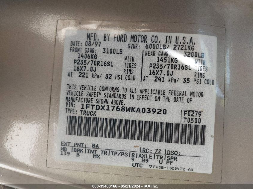 1998 Ford F-150 Lariat/Standard/Xl/Xlt VIN: 1FTDX1768WKA03920 Lot: 39483166