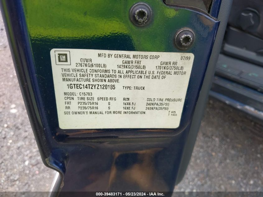 2000 GMC Sierra 1500 Sle VIN: 1GTEC14T2YZ120185 Lot: 39483171