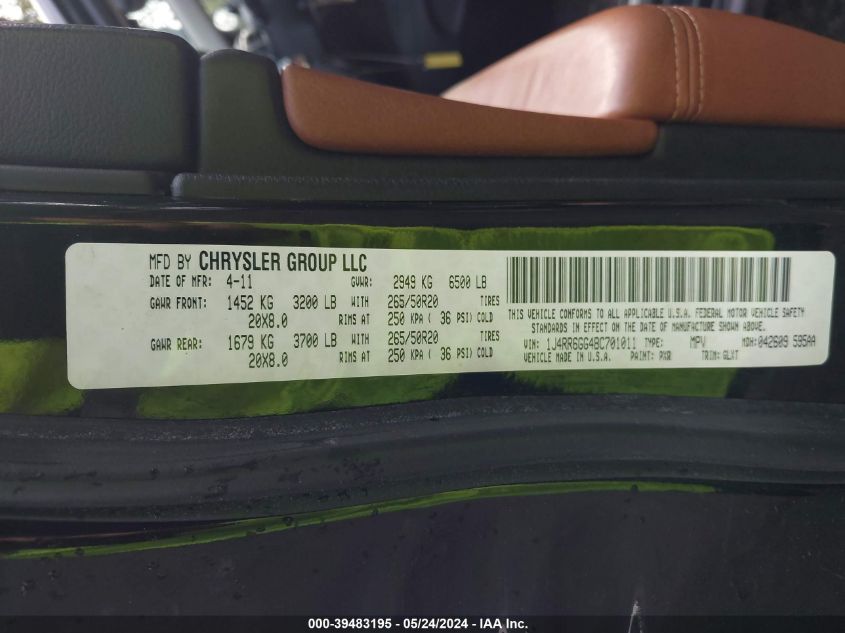 2011 Jeep Grand Cherokee Overland VIN: 1J4RR6GG4BC701011 Lot: 39483195