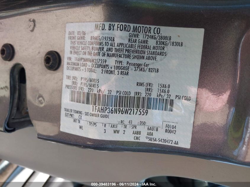 2006 Ford Focus Zxw VIN: 1FAHP36N96W217559 Lot: 39483196