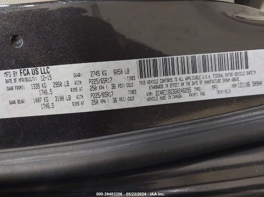 2016 Chrysler Town & Country Touring VIN: 2C4RC1BG3GR246295 Lot: 39483206