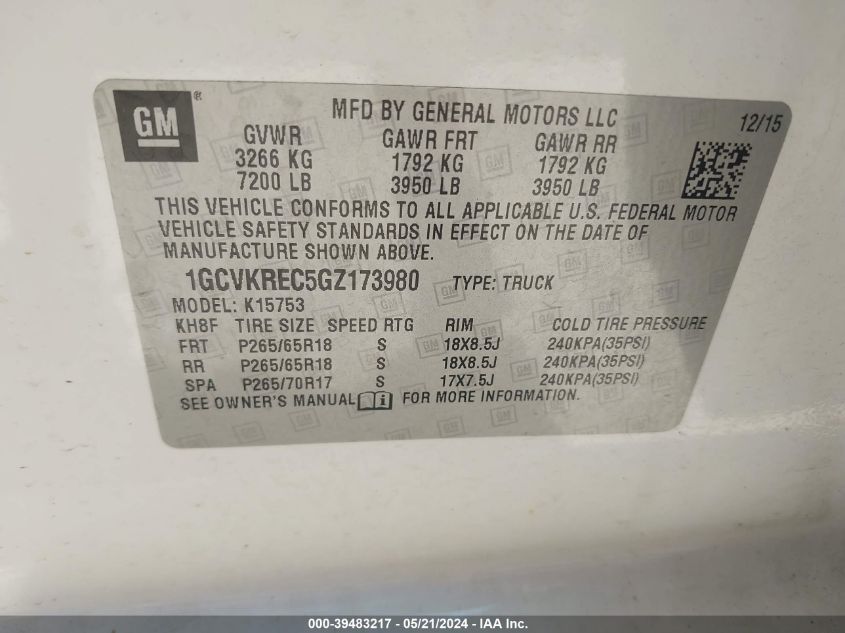 2016 Chevrolet Silverado 1500 2Lt VIN: 1GCVKREC5GZ173980 Lot: 39483217