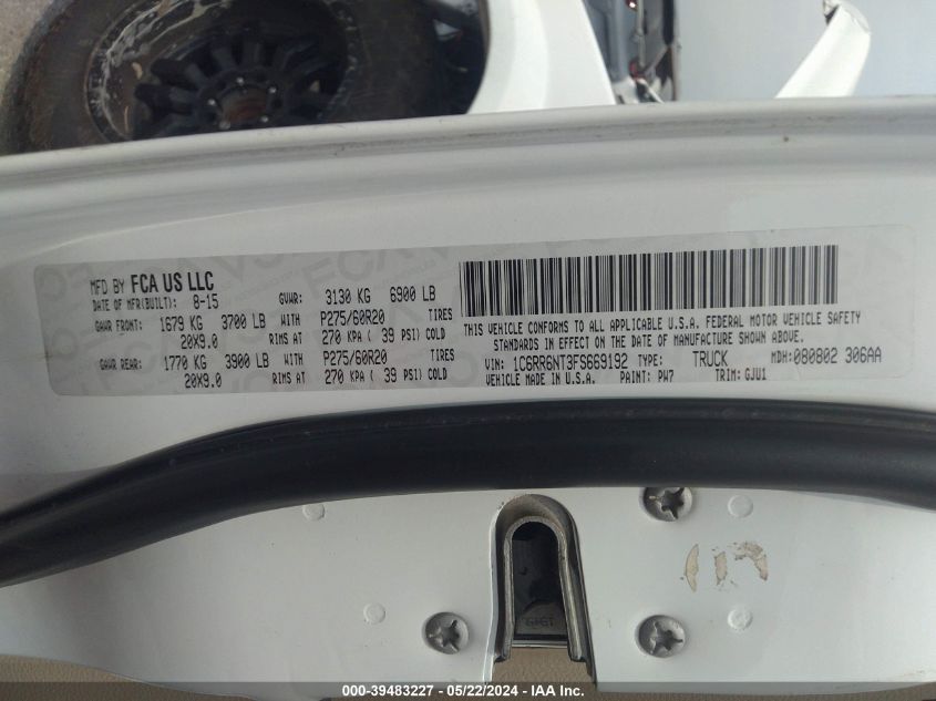 2015 Ram 1500 Laramie VIN: 1C6RR6NT3FS669192 Lot: 39483227