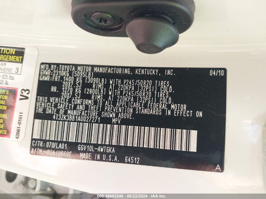 2010 Toyota Venza Base V6 VIN: 4T3ZK3BB1AU027271 Lot: 39483240