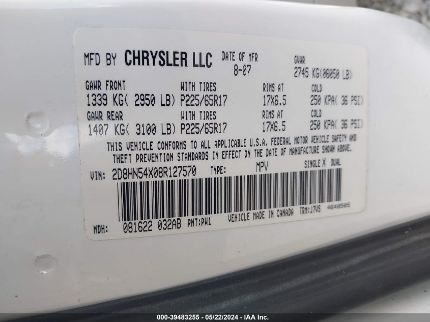 2008 Dodge Grand Caravan Sxt VIN: 2D8HN54X08R127570 Lot: 39483255