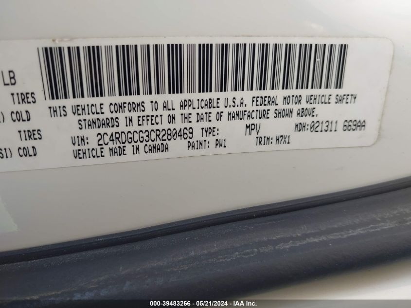 2012 Dodge Grand Caravan Sxt VIN: 2C4RDGCG3CR280469 Lot: 39483266