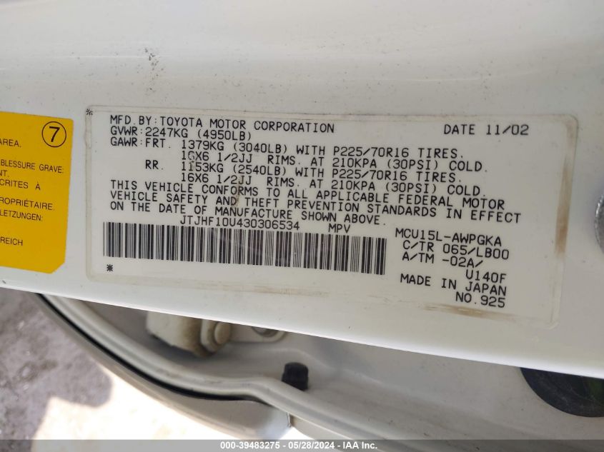 2003 Lexus Rx 300 VIN: JTJHF10U430306534 Lot: 39483275