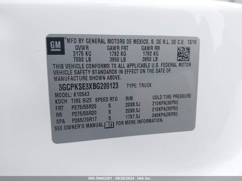 2011 Chevrolet Silverado 1500 Lt VIN: 3GCPKSE3XBG209123 Lot: 39483281