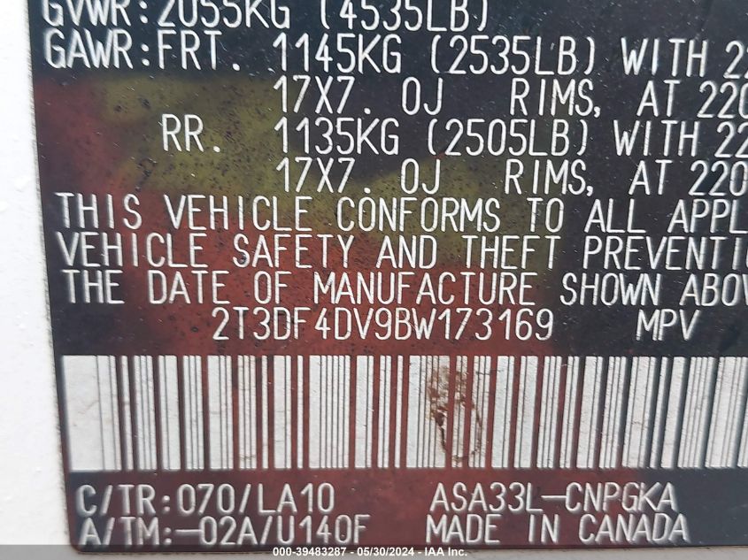 2011 Toyota Rav4 Limited VIN: 2T3DF4DV9BW173169 Lot: 39483287