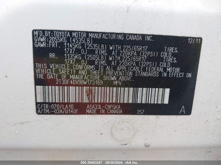 2011 Toyota Rav4 Limited VIN: 2T3DF4DV9BW173169 Lot: 39483287