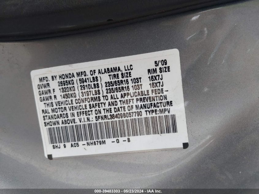 2009 Honda Odyssey Ex VIN: 5FNRL38409B057790 Lot: 39483303