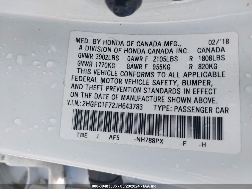 2018 Honda Civic Ex-L VIN: 2HGFC1F72JH643783 Lot: 39483305