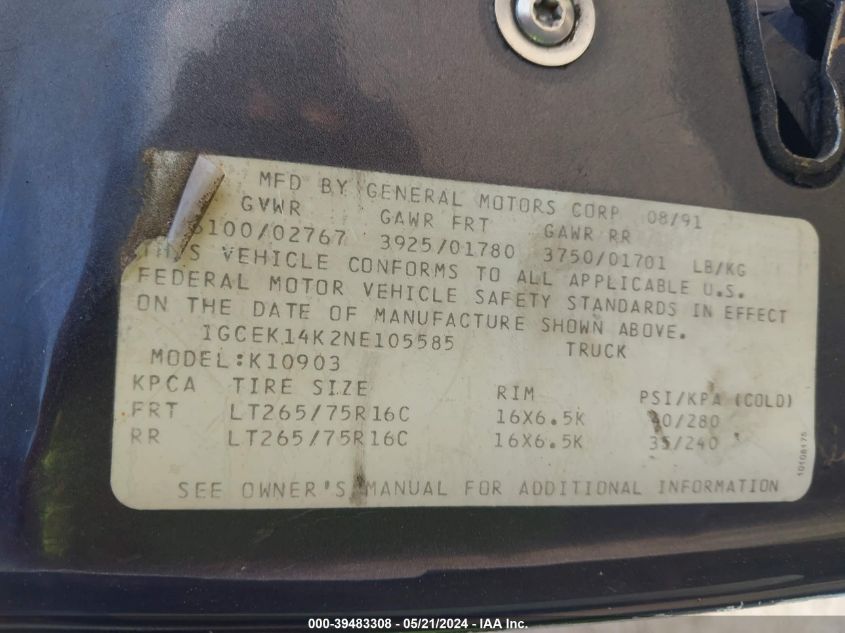 1992 Chevrolet Gmt-400 K1500 VIN: 1GCEK14K2NE105585 Lot: 39483308