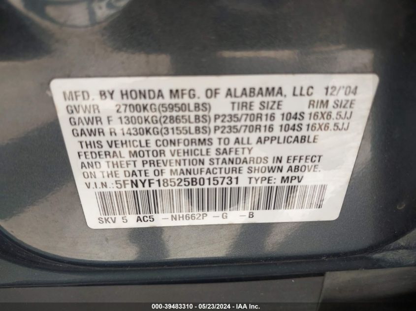 2005 Honda Pilot Ex-L VIN: 5FNYF18525B015731 Lot: 39483310