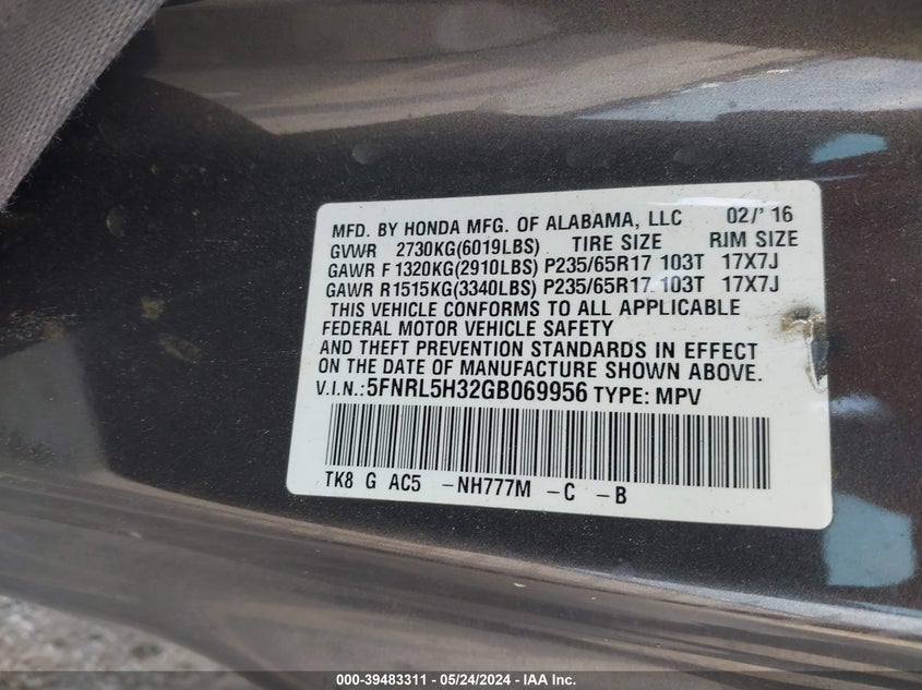 2016 Honda Odyssey Se VIN: 5FNRL5H32GB069956 Lot: 39483311