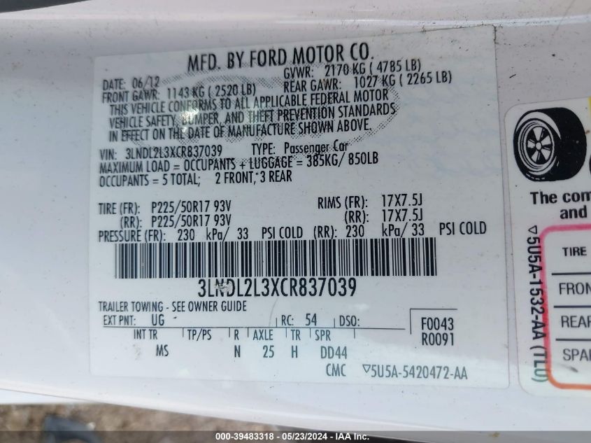 2012 Lincoln Mkz Hybrid VIN: 3LNDL2L3XCR837039 Lot: 39483318