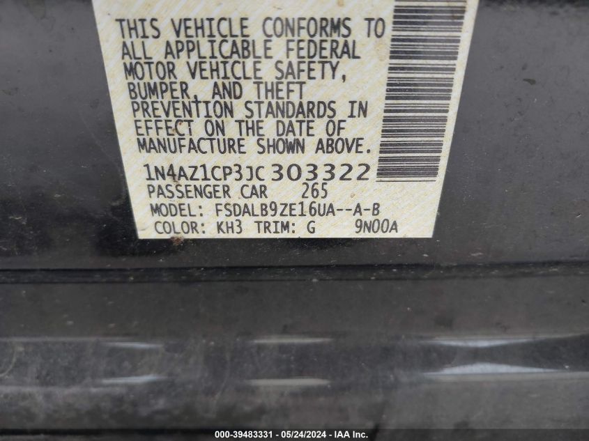 2018 Nissan Leaf S VIN: 1N4AZ1CP3JC303322 Lot: 39483331