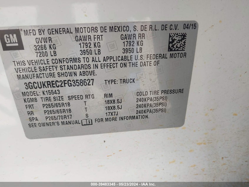 2015 Chevrolet Silverado 1500 2Lt VIN: 3GCUKREC2FG358627 Lot: 39483345