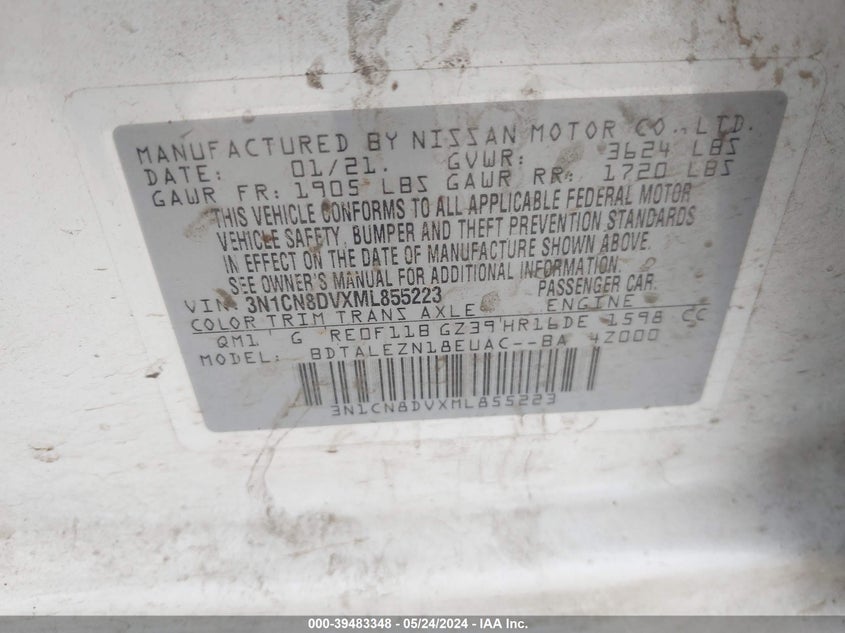 2021 Nissan Versa S Xtronic Cvt VIN: 3N1CN8DVXML855223 Lot: 39483348