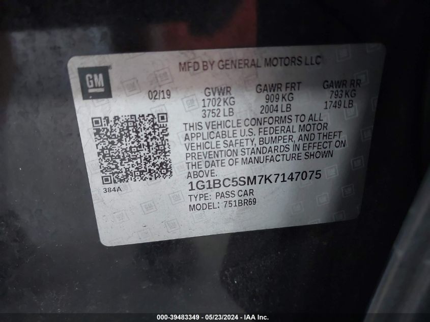 2019 Chevrolet Cruze Ls VIN: 1G1BC5SM7K7147075 Lot: 39483349