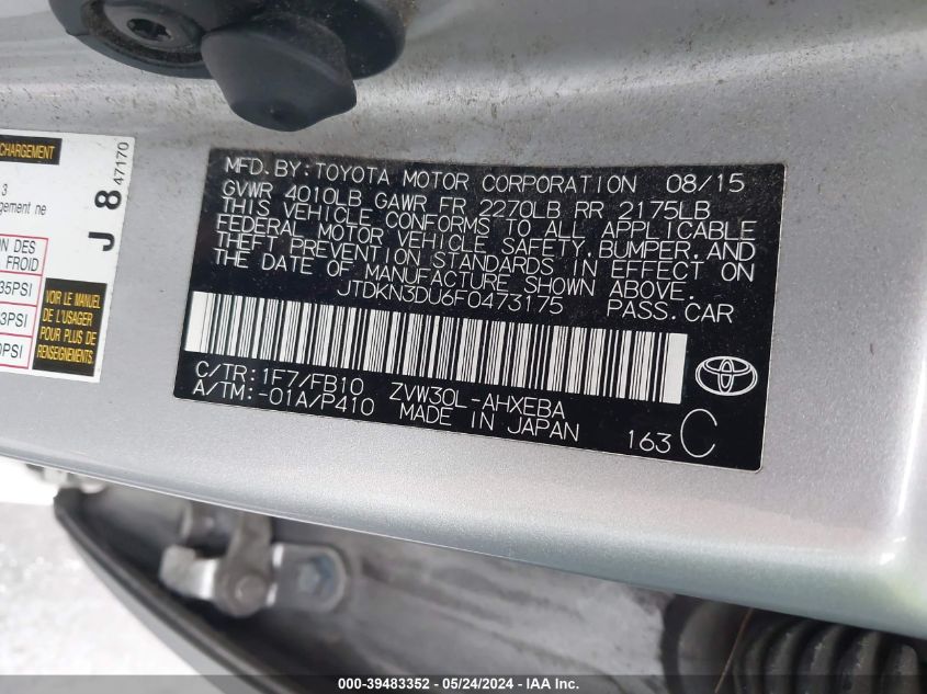 2015 Toyota Prius Three VIN: JTDKN3DU6F0473175 Lot: 39483352