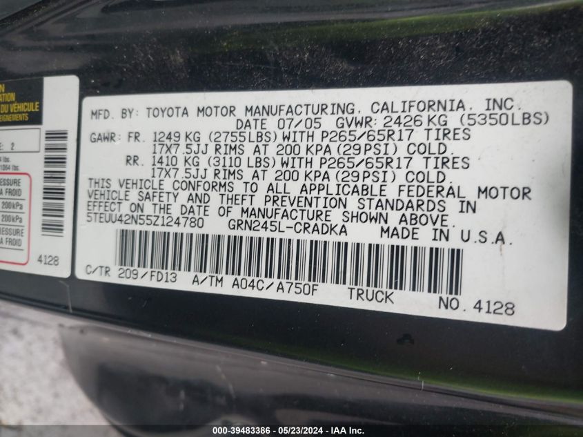 2005 Toyota Tacoma Base V6 VIN: 5TEUU42N55Z124780 Lot: 39483386