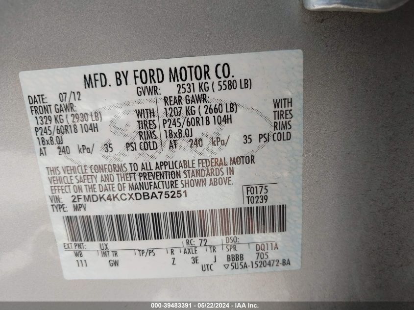 2013 Ford Edge Limited VIN: 2FMDK4KCXDBA75251 Lot: 39483391