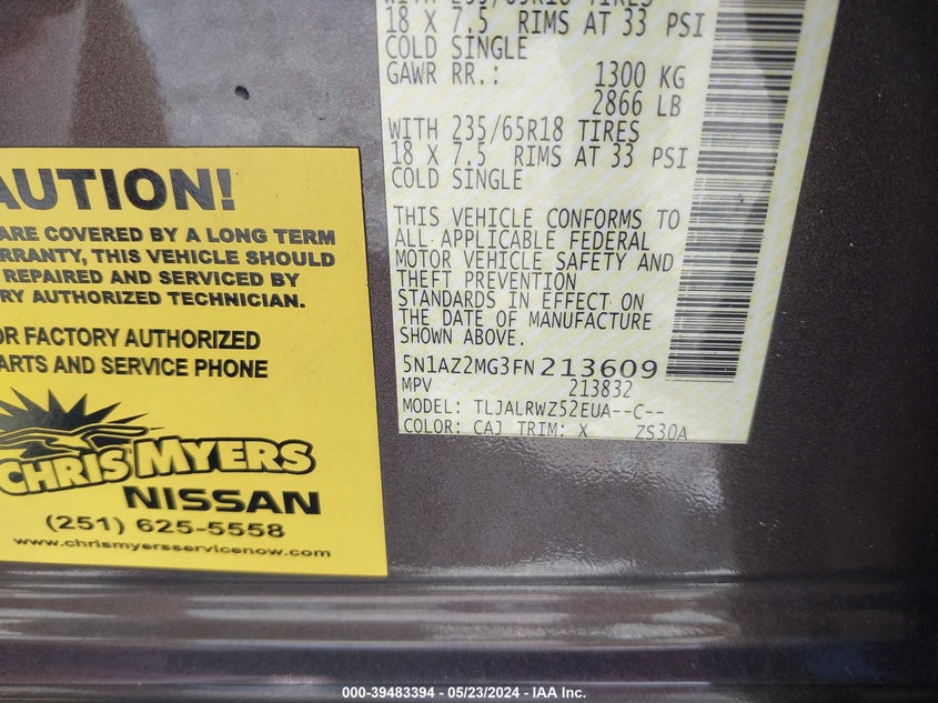 2015 NISSAN MURANO S/SL/SV/PLATINUM - 5N1AZ2MG3FN213609