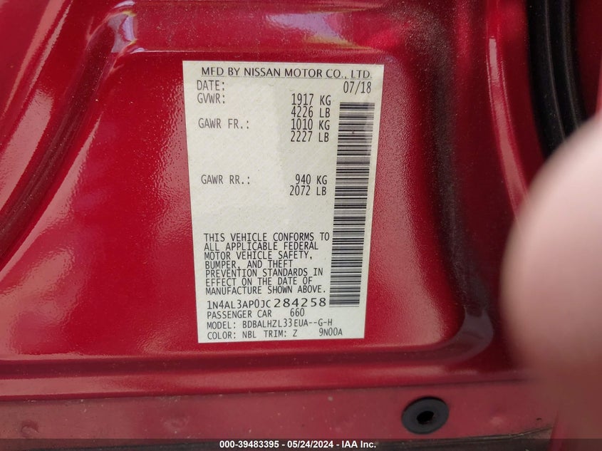 2018 Nissan Altima 2.5 Sr VIN: 1N4AL3AP0JC284258 Lot: 39483395