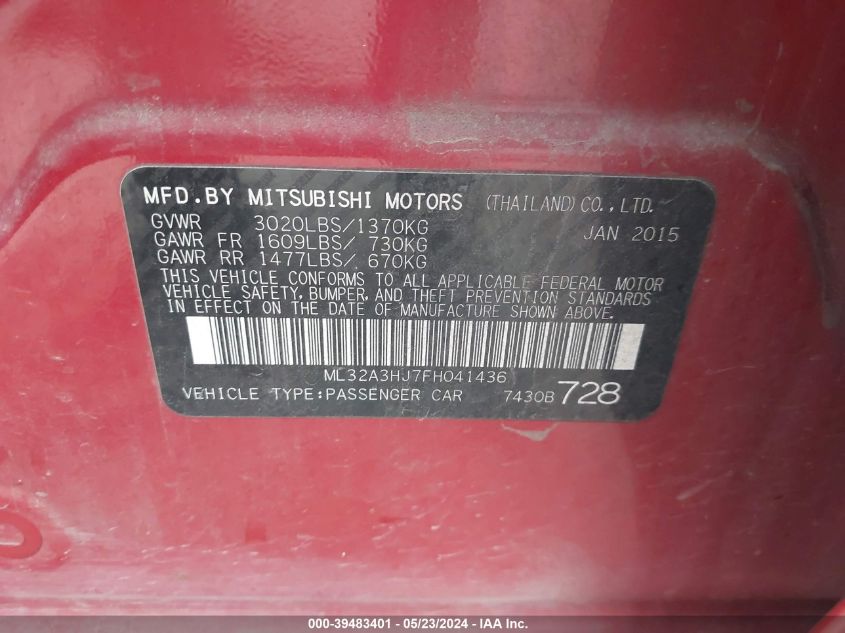 2015 Mitsubishi Mirage De/Rf VIN: ML32A3HJ7FH041436 Lot: 39483401