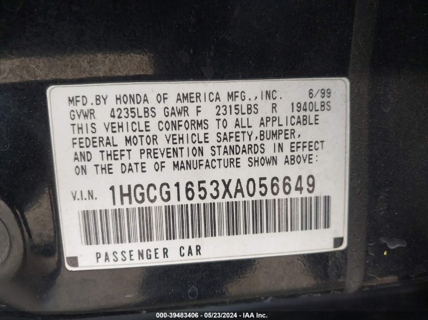1999 Honda Accord Ex V6 VIN: 1HGCG1653XA056649 Lot: 39483406