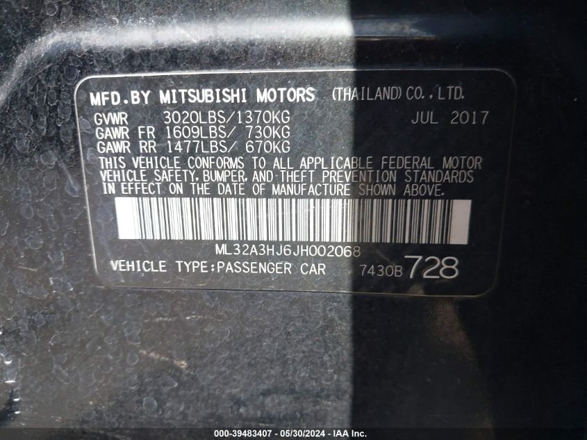 2018 Mitsubishi Mirage Es VIN: ML32A3HJ6JH002068 Lot: 39483407