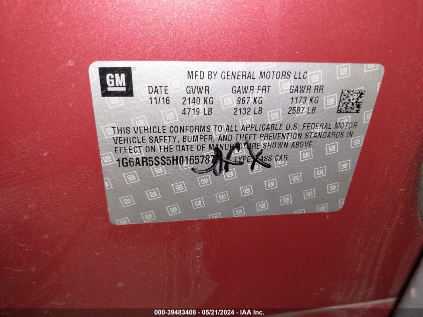 2017 Cadillac Cts Luxury VIN: 1G6AR5SS5H0165787 Lot: 39483408