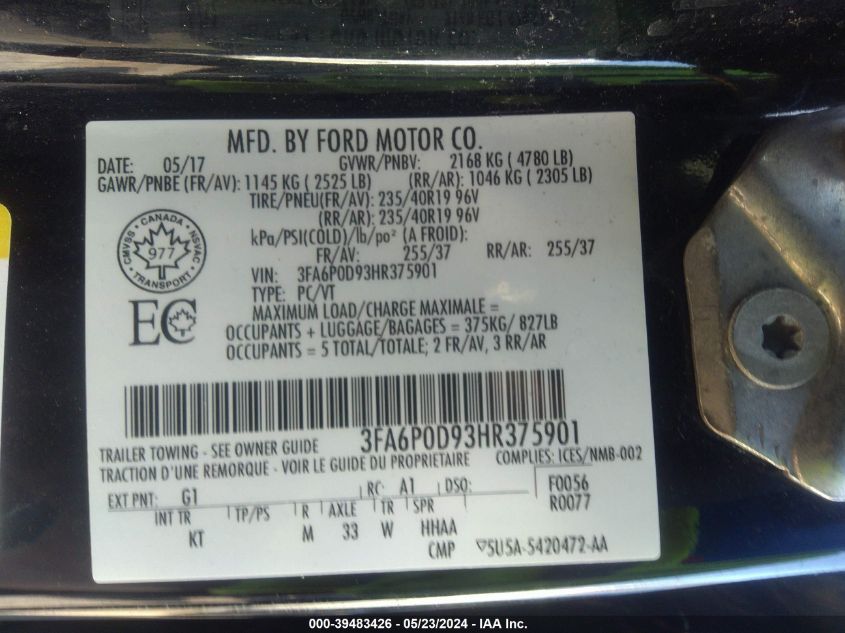 VIN 3FA6P0D93HR375901 2017 FORD FUSION TITANIUM