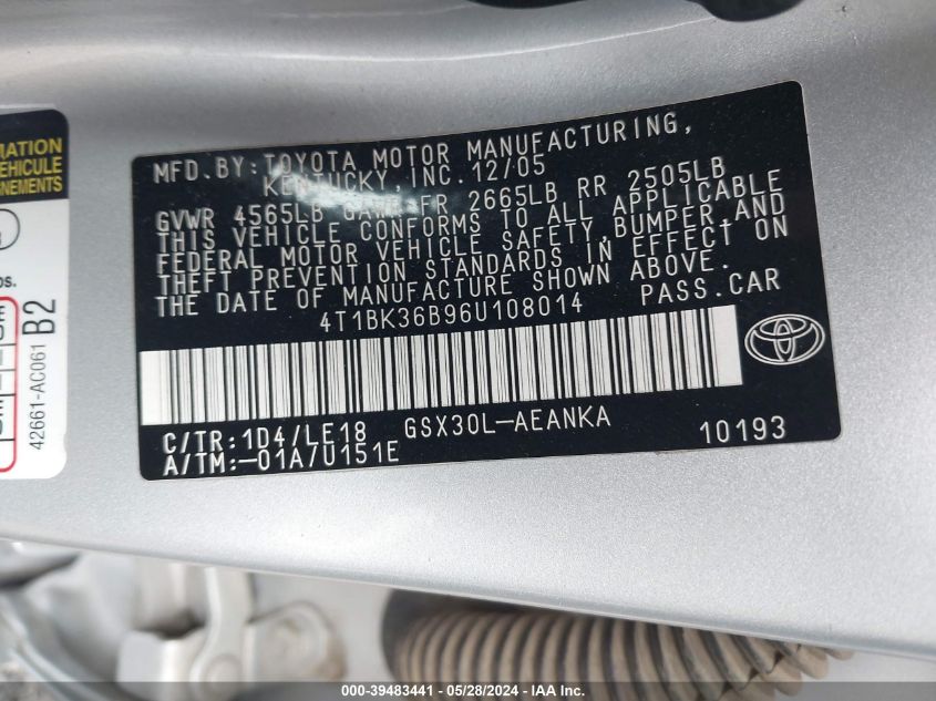 2006 Toyota Avalon Touring VIN: 4T1BK36B96U108014 Lot: 39483441