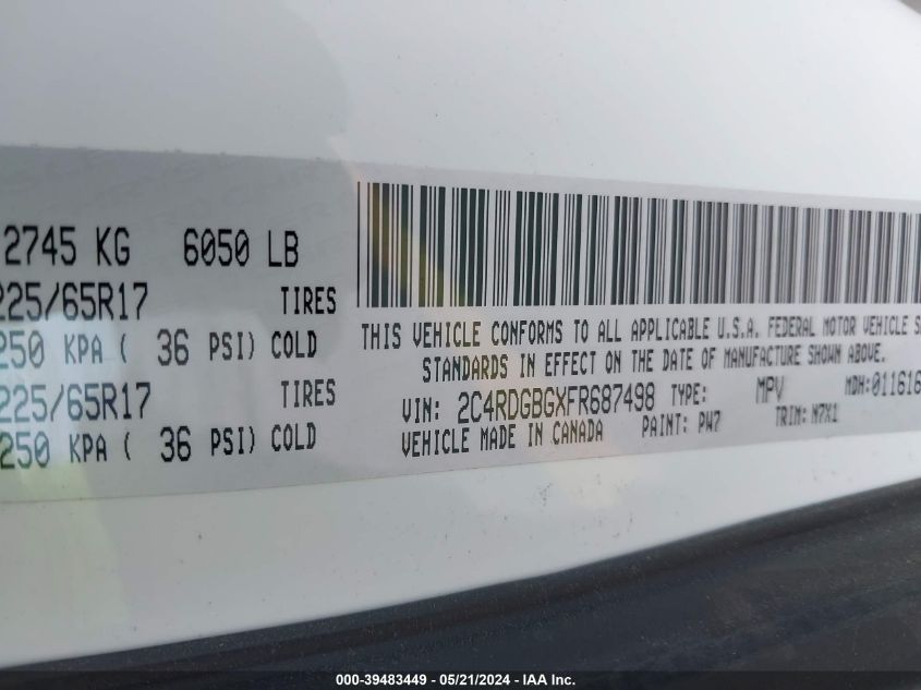 2015 Dodge Grand Caravan Se Plus VIN: 2C4RDGBGXFR687498 Lot: 39483449