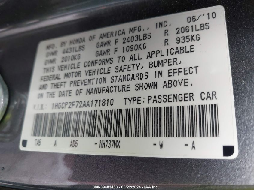 2010 Honda Accord 2.4 Ex VIN: 1HGCP2F72AA171810 Lot: 39483453