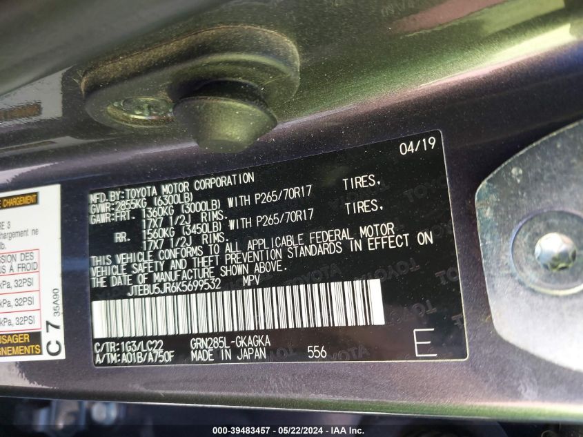 2019 Toyota 4Runner Trd Off Road Premium VIN: JTEBU5JR6K5699532 Lot: 39483457