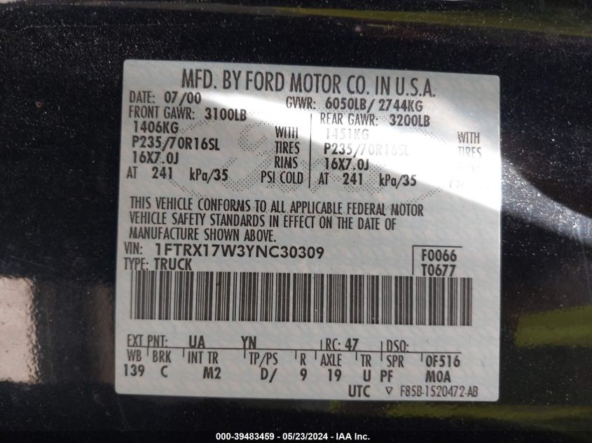 2000 Ford F-150 Lariat/Work Series/Xl/Xlt VIN: 1FTRX17W3YNC30309 Lot: 39483459