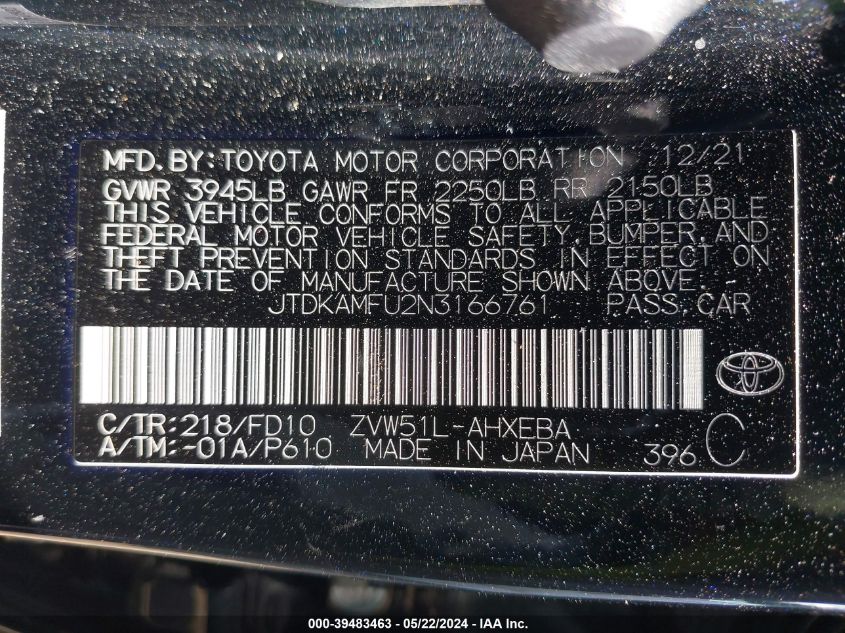 2022 Toyota Prius Le VIN: JTDKAMFU2N3166761 Lot: 39483463