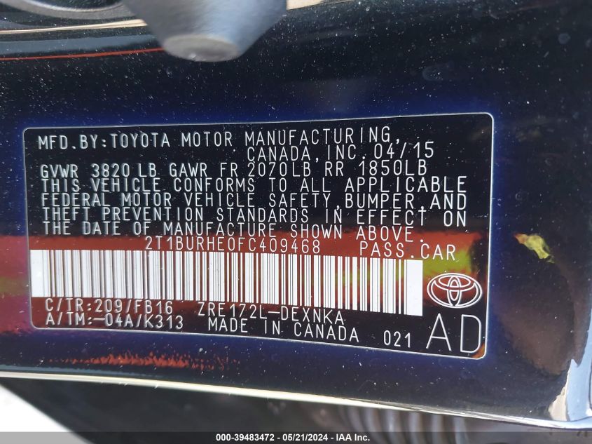 2015 Toyota Corolla Le VIN: 2T1BURHE0FC409468 Lot: 39483472