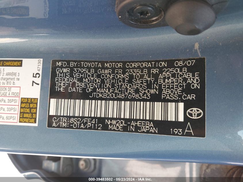 2008 Toyota Prius VIN: JTDKB20U487698343 Lot: 39483502