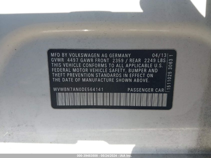 2013 Volkswagen Cc 2.0T Sport VIN: WVWBN7AN0DE564141 Lot: 39483508