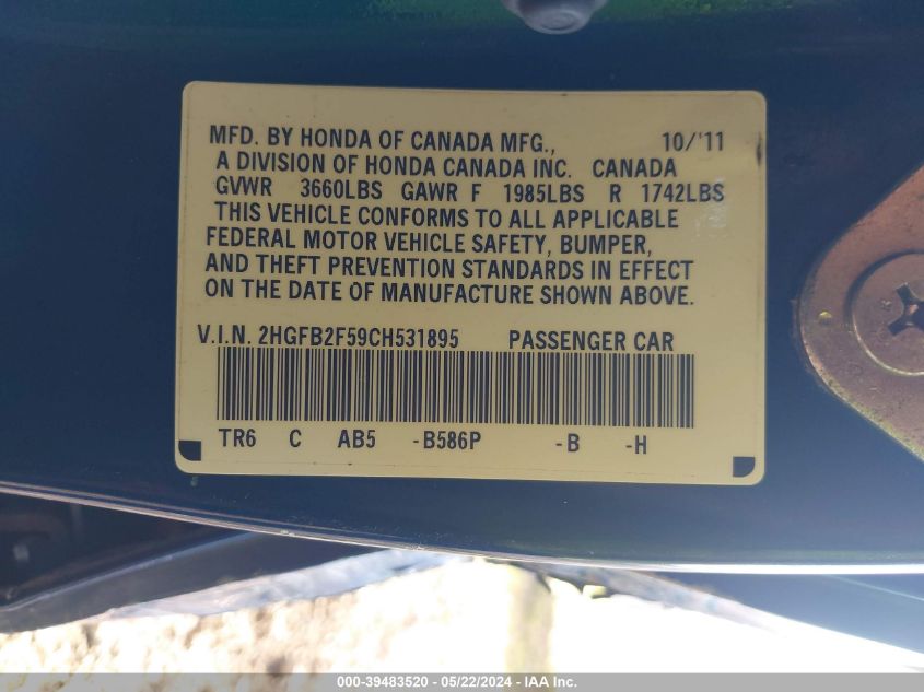 2012 Honda Civic Lx VIN: 2HGFB2F59CH531895 Lot: 39483520