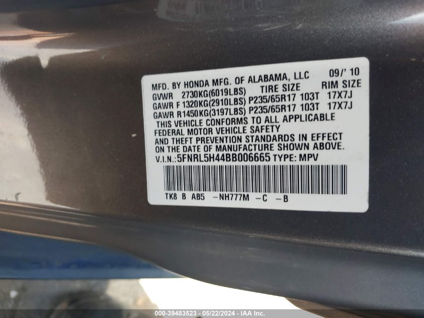 2011 Honda Odyssey Ex VIN: 5FNRL5H44BB006665 Lot: 39483523