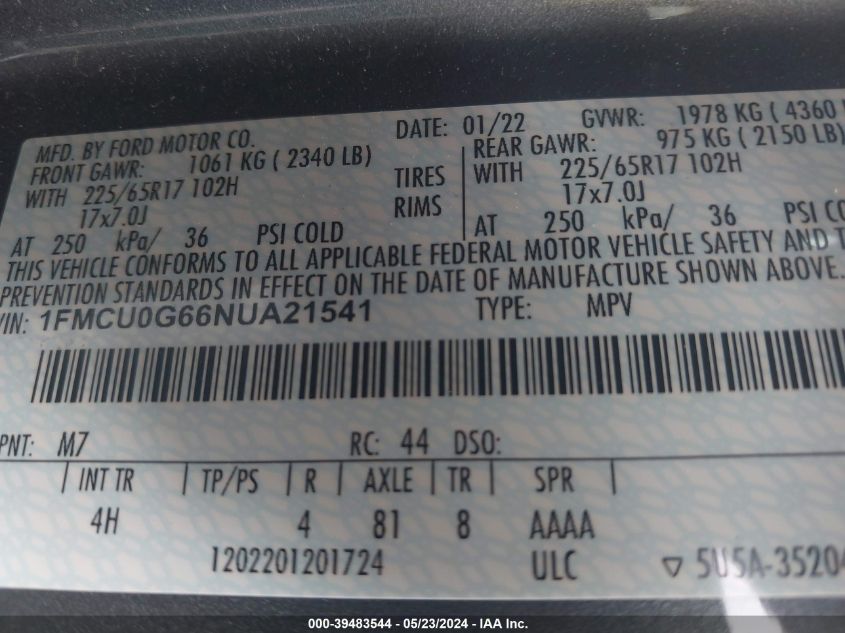 1FMCU0G66NUA21541 2022 Ford Escape Se